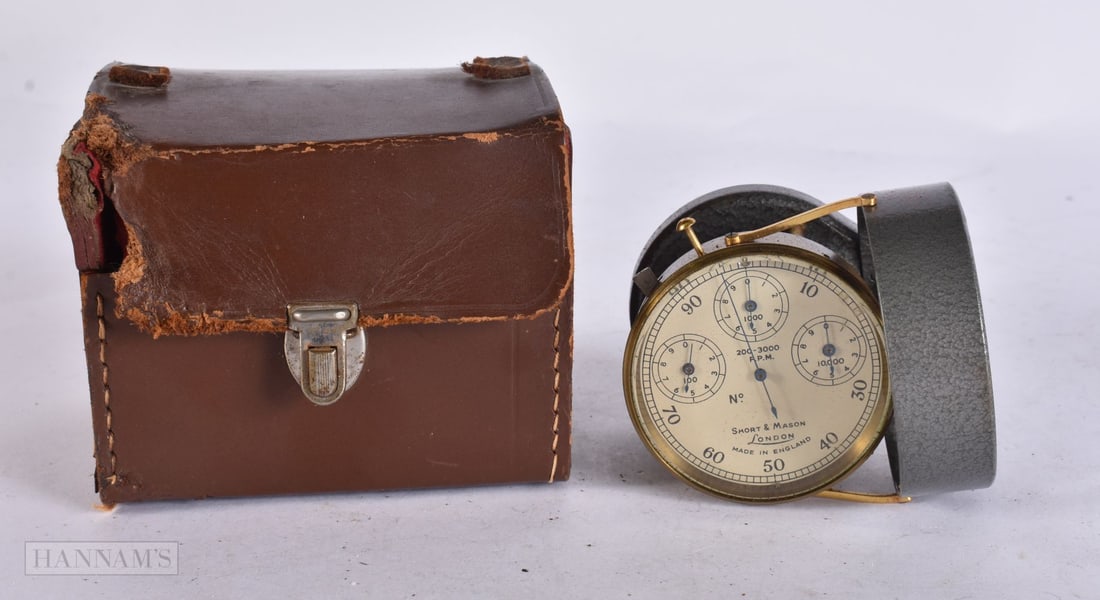 Vintage Short & Mason London Anemometer Air Speed Indicator In Leather Box. 12 cm x 10 cm.: Vintage Short & Mason London Anemometer Air Speed Indicator In Leather Box. 12 cm x 10 cm.