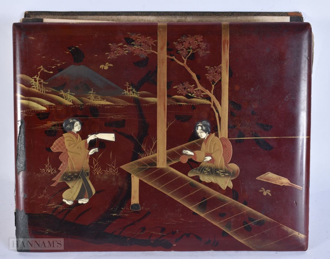 Antique Japanese Lacquer Photo Album Gold Gilded Edges w/ Scenic Photos. 37 cm x 28 cm.: Antique Japanese Lacquer Photo Album Gold Gilded Edges w/ Scenic Photos. 37 cm x 28 cm.