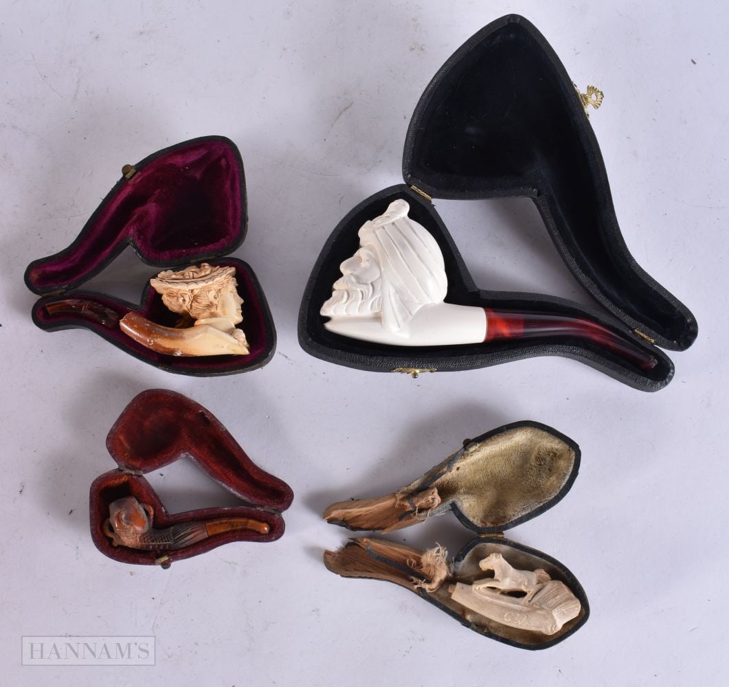 Hand Carved Smoke Pipes Boxed / Cased Collection Art Nouveau Amber Mouth Piece. (qty): Hand Carved Smoke Pipes Boxed / Cased Collection Art Nouveau Amber Mouth Piece. (qty)