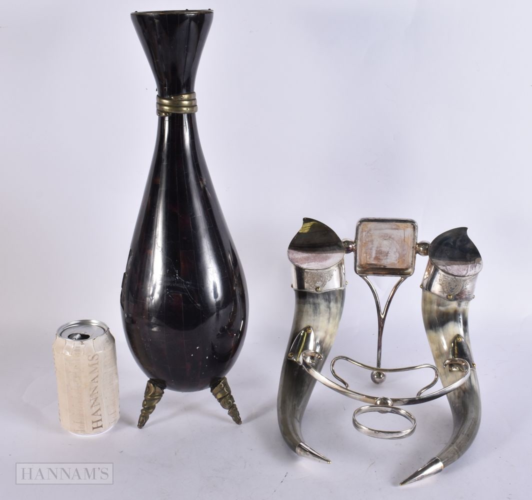 A VICTORIAN HORN AND SILVER PLATED INKWELL together with a horn vase. Largest 30 cm high. (2) (1 of 5)