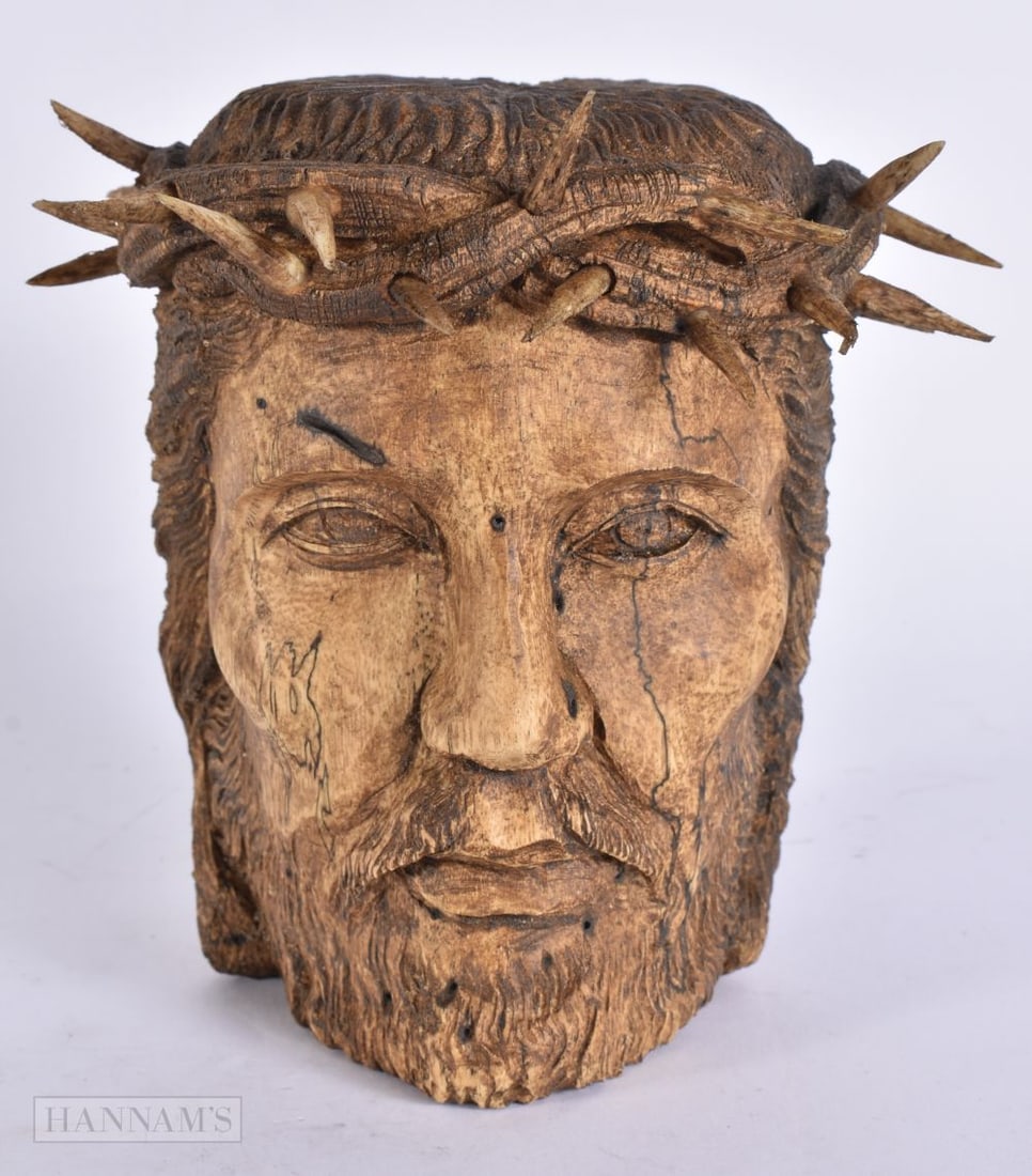 AN UNUSUAL MEMENTO MORI CARVED SKULL & CHRIST BUST. 14 cm x 12 cm.: AN UNUSUAL MEMENTO MORI CARVED SKULL & CHRIST BUST. 14 cm x 12 cm.