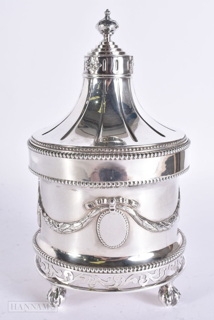 A FINE 19TH CENTURY DUTCH SILVER TEA CADDY overlaid with classical swags. 863 grams. 22 cm x 9 cm. (1 of 6)