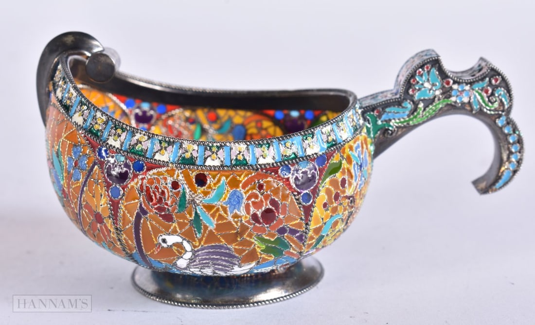 A LOVELY CONTINENTAL SILVER AND PLIQUE A JOUR ENAMEL KOVSCH. 60 grams. 7.5 cm wide. (1 of 8)