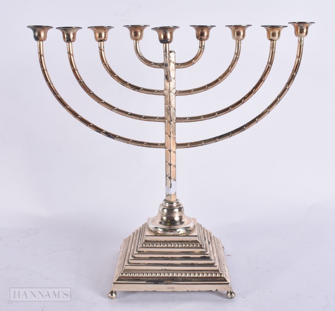 A WHITE METAL MENORAH. 379 grams. 23 cm x 23 cm.: A WHITE METAL MENORAH. 379 grams. 23 cm x 23 cm.