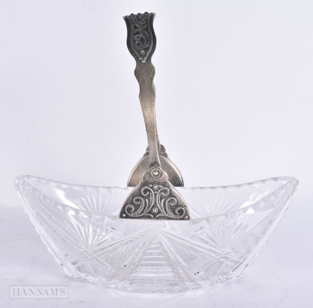 AN ANTIQUE RUSSIAN SILVER AND CRYSTAL GLASS BASKET. 24 cm x 16 cm.: AN ANTIQUE RUSSIAN SILVER AND CRYSTAL GLASS BASKET. 24 cm x 16 cm.