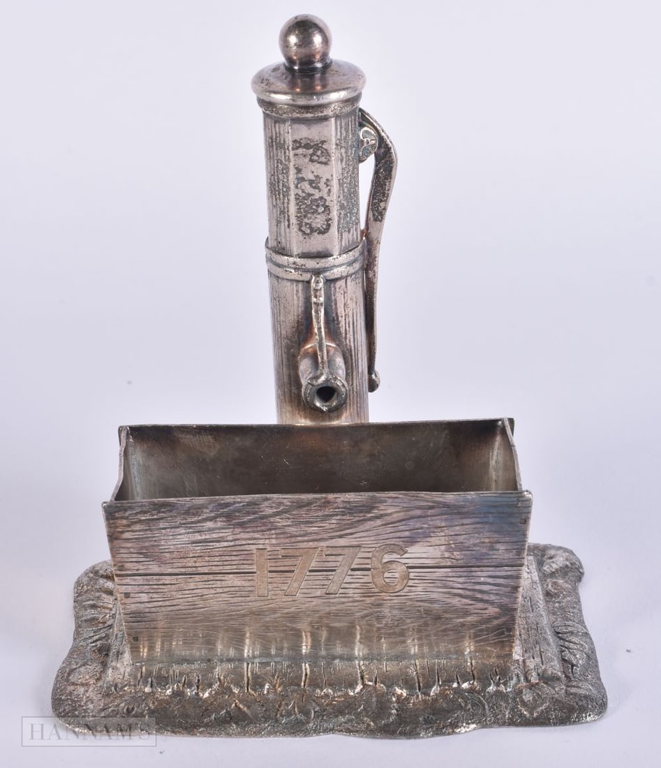 AN UNUSUAL ANTIQUE SILVER PLATED WATER PUMP. 15 cm x 10 cm.: AN UNUSUAL ANTIQUE SILVER PLATED WATER PUMP. 15 cm x 10 cm.