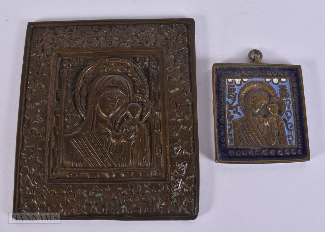 TWO ANTIQUE RUSSIAN BRONZE ICONS. Largest 12.5 cm x 10 cm. (2) (1 of 2)