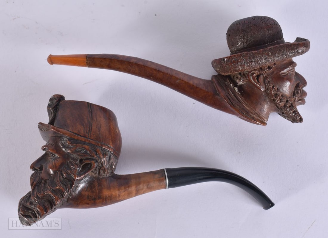 TWO ANTIQUE TREEN CARVED WOOD FIGURAL PIPES. 15 cm wide. (2) (1 of 3)