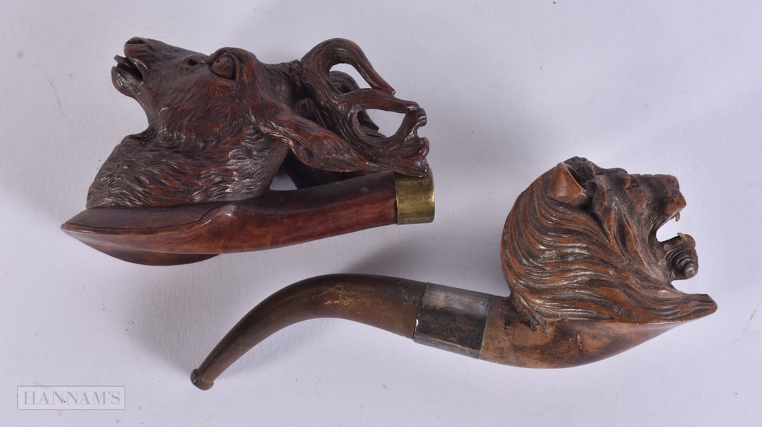 TWO ANTIQUE TREEN CARVED WOOD ANIMAL PIPES. 15 cm long. (2) (1 of 3)