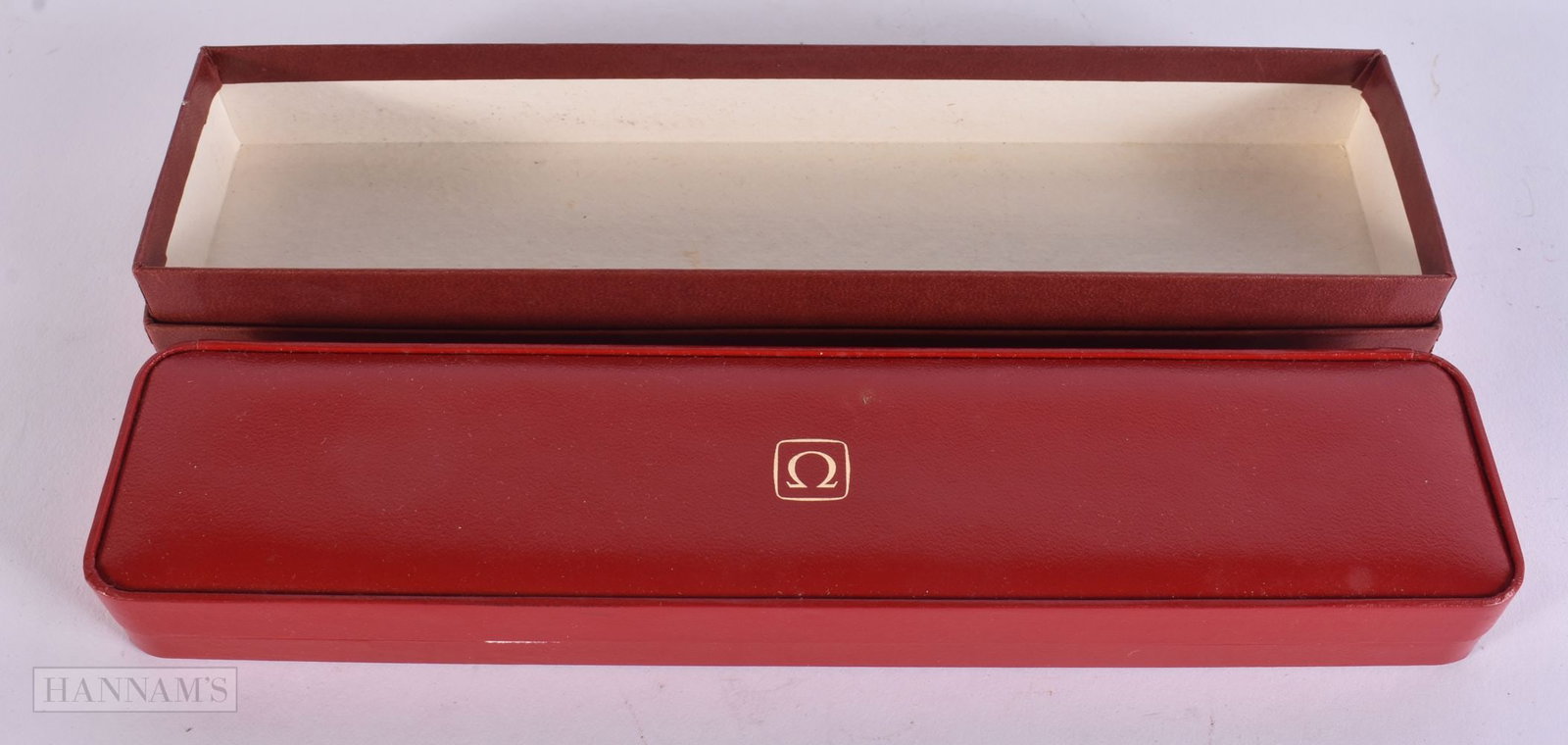 AN OMEGA WATCH BOX. 24 cm x 7 cm.: AN OMEGA WATCH BOX. 24 cm x 7 cm.