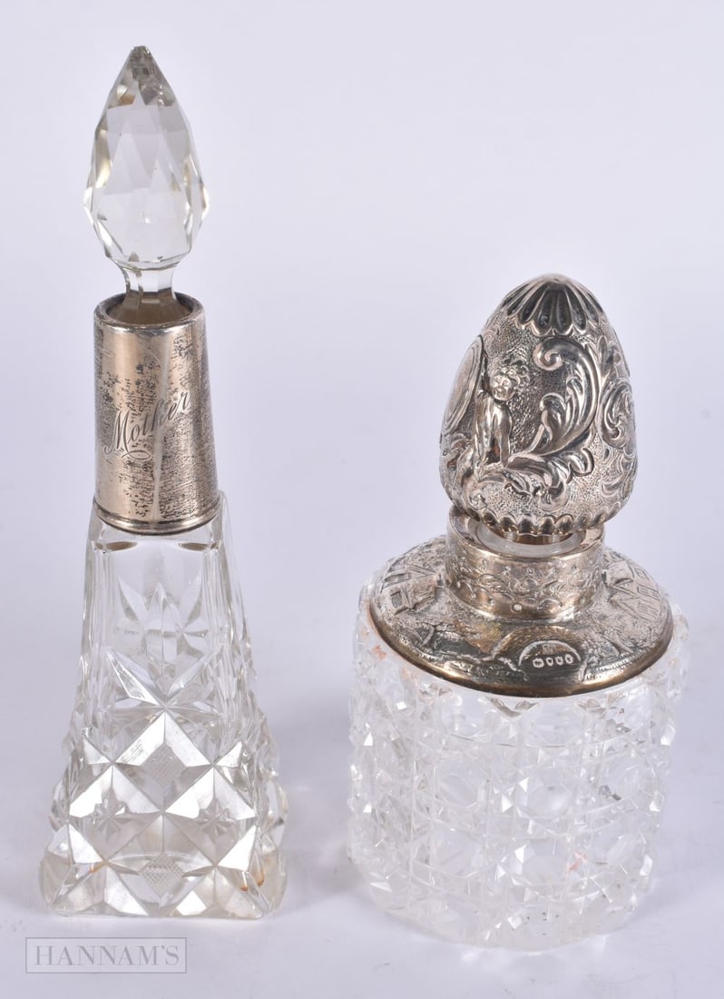 TWO ANTIQUE SILVER MOUNTED SCENT BOTTLES. Largest 19 cm high. (2) (1 of 4)