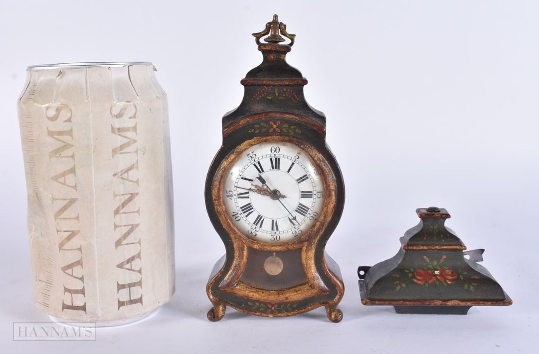 A VERY RARE MINIATURE 19TH CENTURY FRENCH VERNE MATIN CLOCK with bracket. Clock 14 cm x 6 cm. (1 of 4)