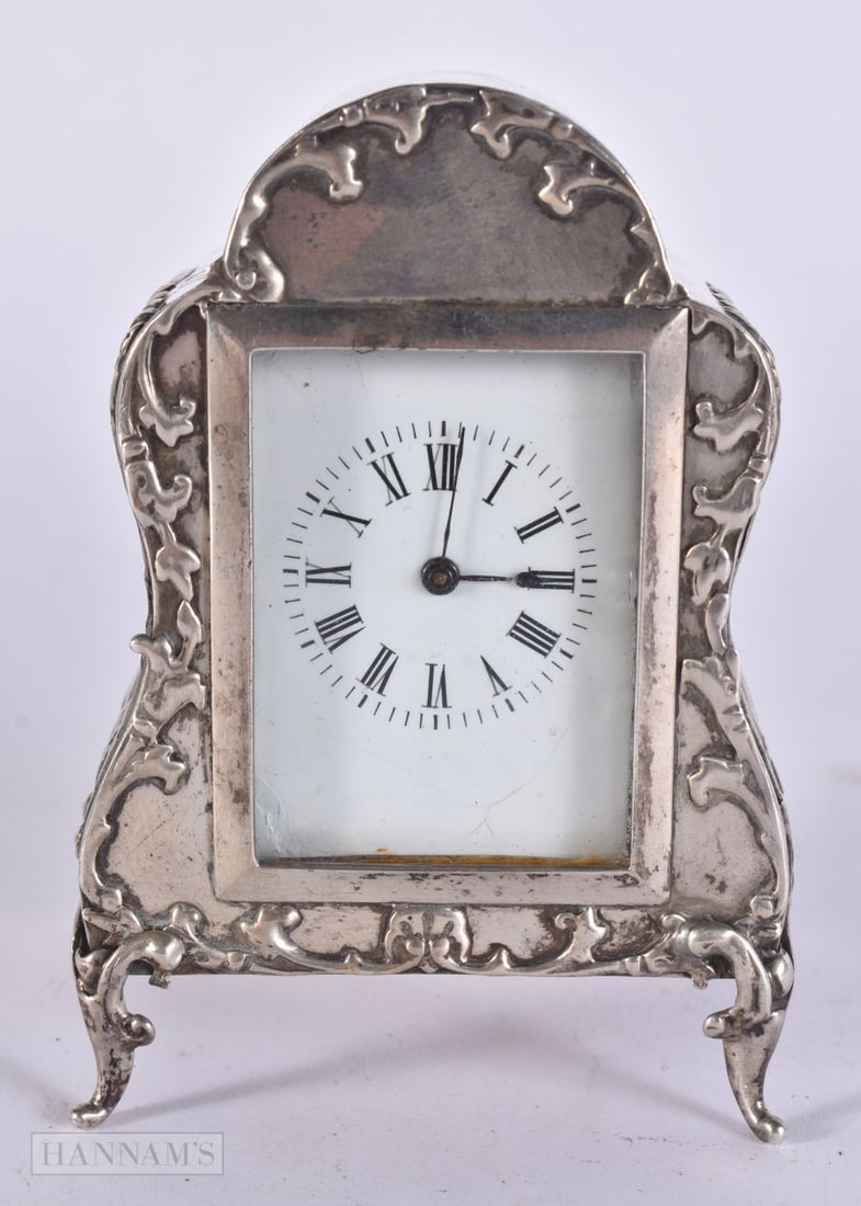 AN ANTIQUE ENGLISH SILVER CLOCK by William Comyns. 322 grams. 10 cm x 5.5 cm. (1 of 8)