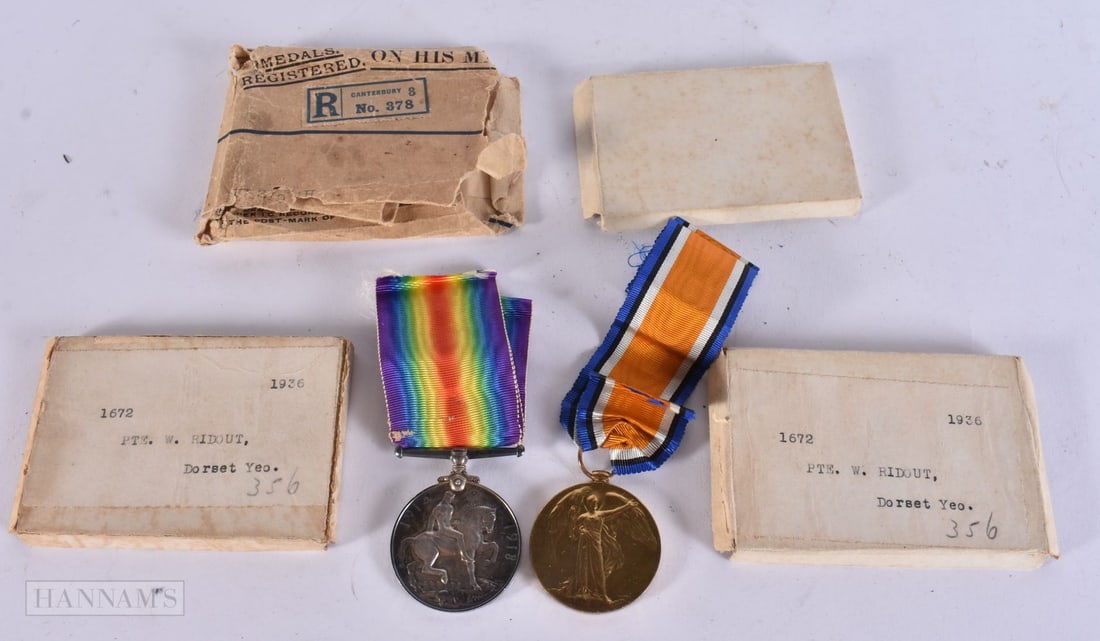 TWO MILITARY MEDALS presented to 1672 Pte Ridout Dorset Yeo. (2): TWO MILITARY MEDALS presented to 1672 Pte Ridout Dorset Yeo. (2)