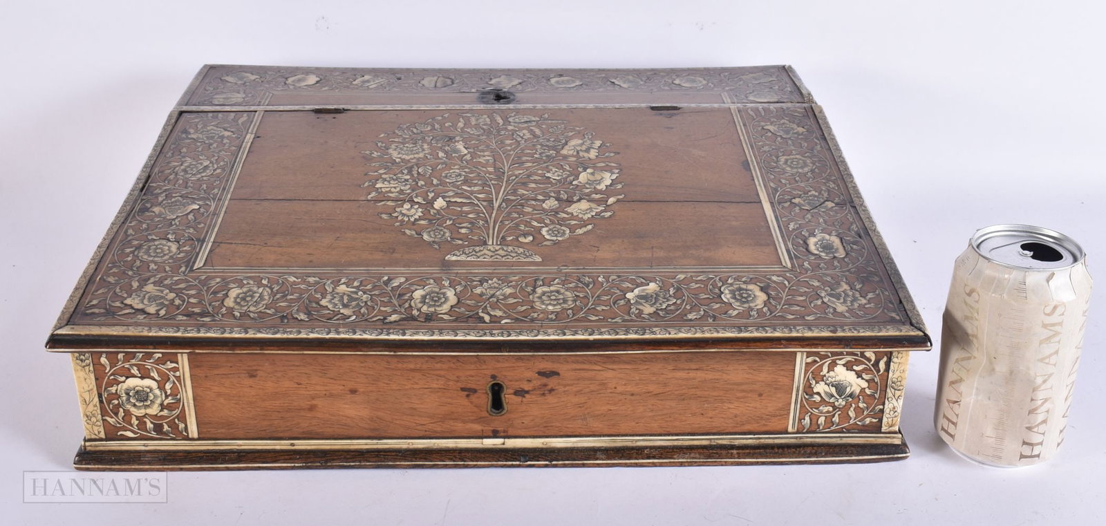 A FINE 19TH CENTURY ANGLO INDIAN INLAID WOOD WRITING SLOP decorated with foliage and vines. 43 cm x (1 of 8)