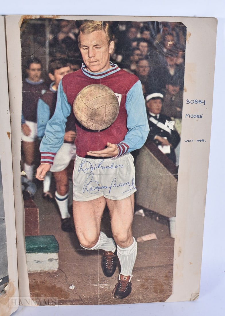 AN INTERESTING FOOTBALL AUTOGRAPH SCRAP ALBUM including Bobby Moore, Ian St John, Gordon Banks, vari (1 of 8)