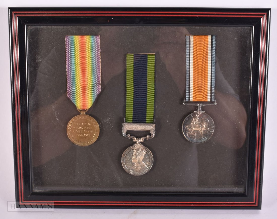 A FRAMED WWI AFGHAN NWF MEDAL GROUP presented to 202023 A Sgt W Dodd Bord R. 27 cm x 22 cm.: A FRAMED WWI AFGHAN NWF MEDAL GROUP presented to 202023 A Sgt W Dodd Bord R. 27 cm x 22 cm.