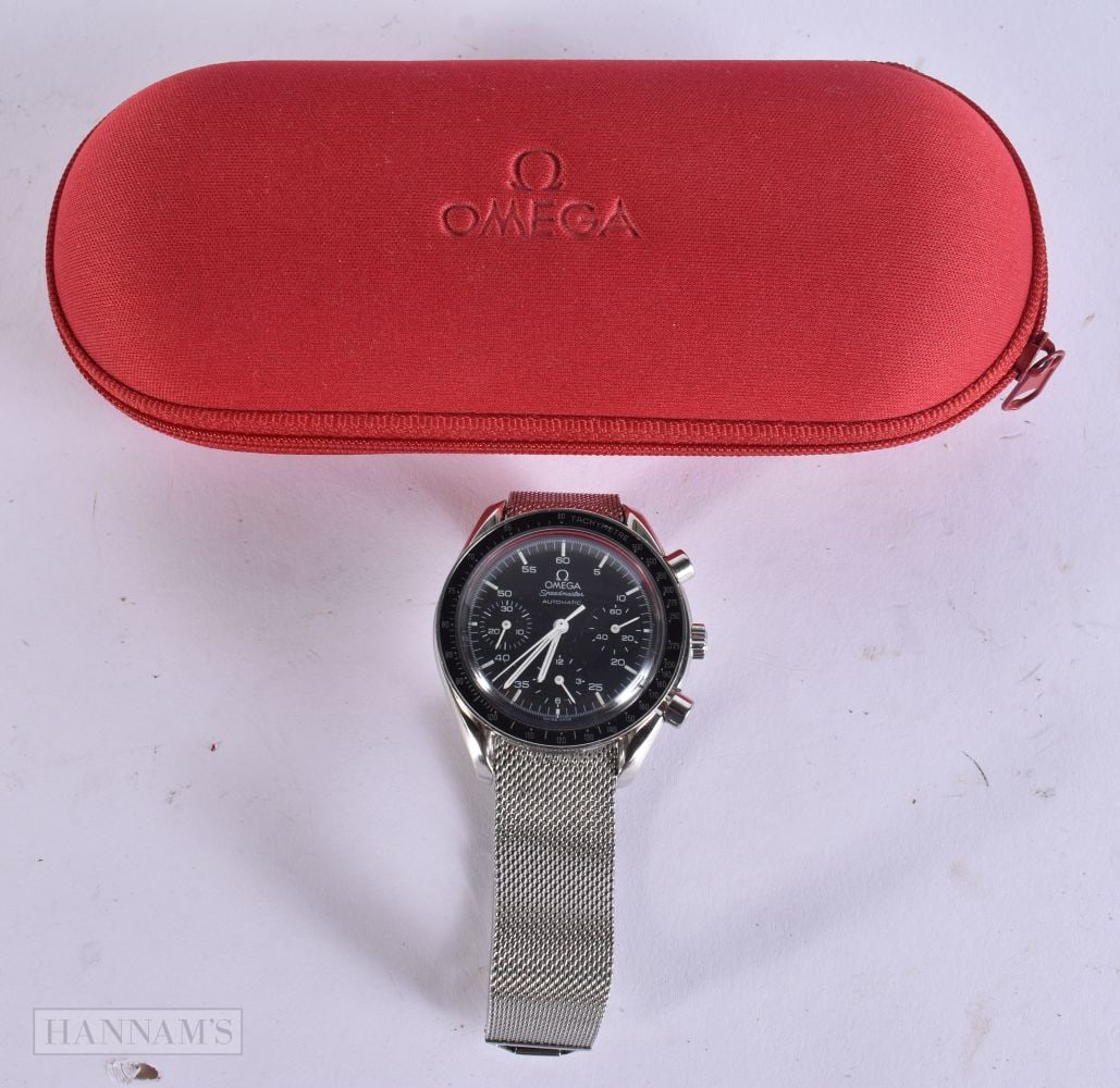 A LOVELY OMEGA SPEEDMASTER AUTOMATIC WRIST WATCH. Running. 3.75 cm wide. (1 of 5)