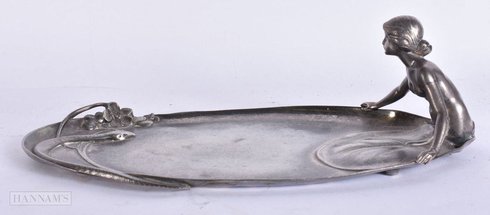 AN ART DECO PEWTER WMF MAIDEN AND SERPENT DISH. 24 cm wide. (1 of 6)
