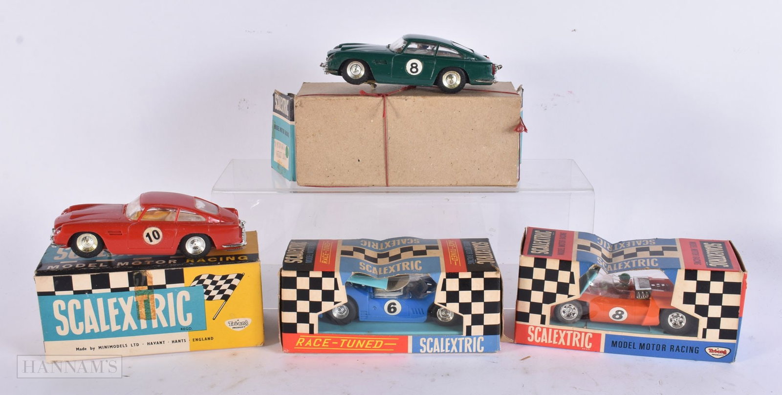 FOUR BOXED VINTAGE SCALEXTRIC MODEL CARS including C3 Javelin, C4 Electra & 2 x Aston Martin C68. (4 (1 of 6)