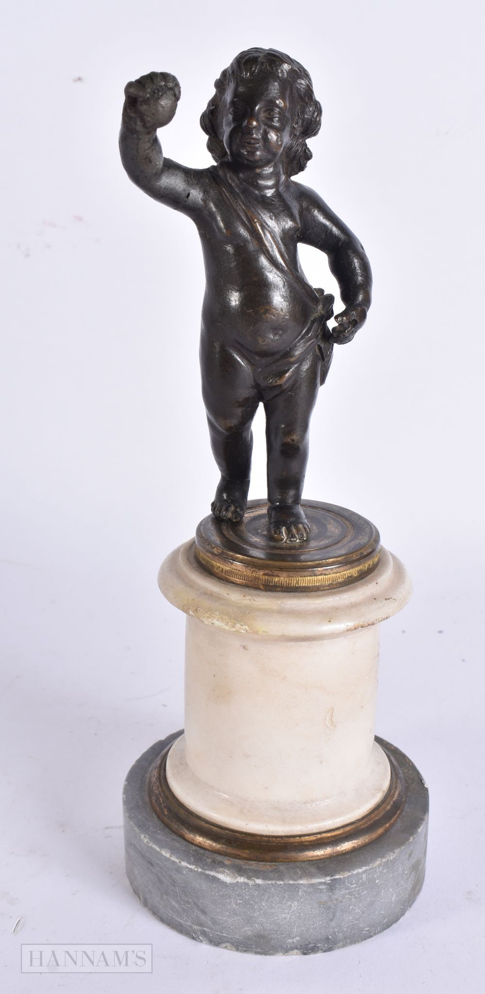 AN 18TH CENTURY EUROPEAN BRONZE FIGURE OF A YOUNG BOY modelled holding aloft a fruit. 23.5 cm high. (1 of 6)