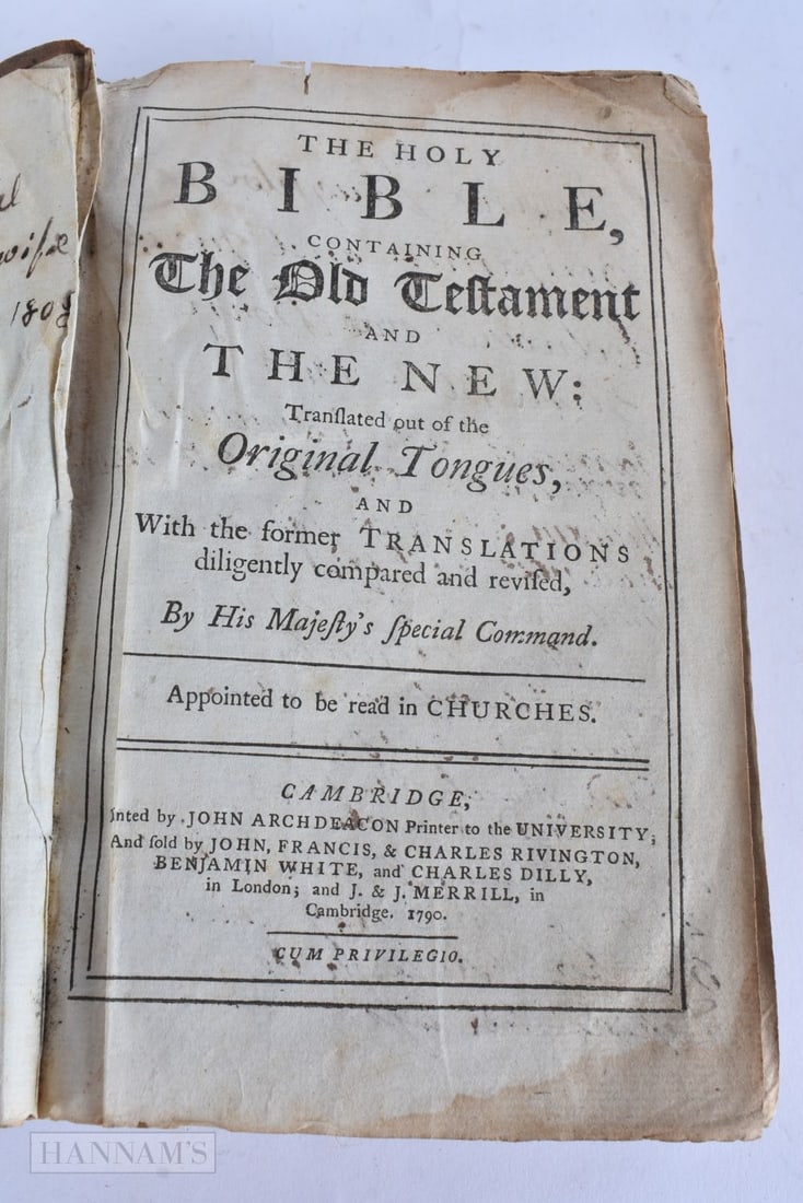 KING JAMES VERSION 1790 BIBLE owned by Samuel Cole, printed by John Archdeacon. 21 cm x 14 cm. (1 of 5)