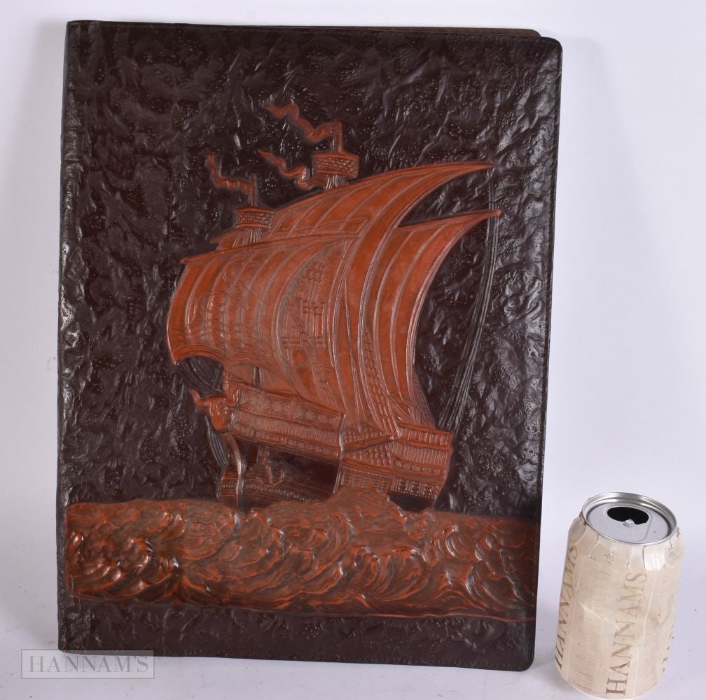 AN UNUSED TOOLED LEATHER VIKING BOAT BOOK COVER/BLOTTER. 42 cm x 30 cm.: AN UNUSED TOOLED LEATHER VIKING BOAT BOOK COVER/BLOTTER. 42 cm x 30 cm.