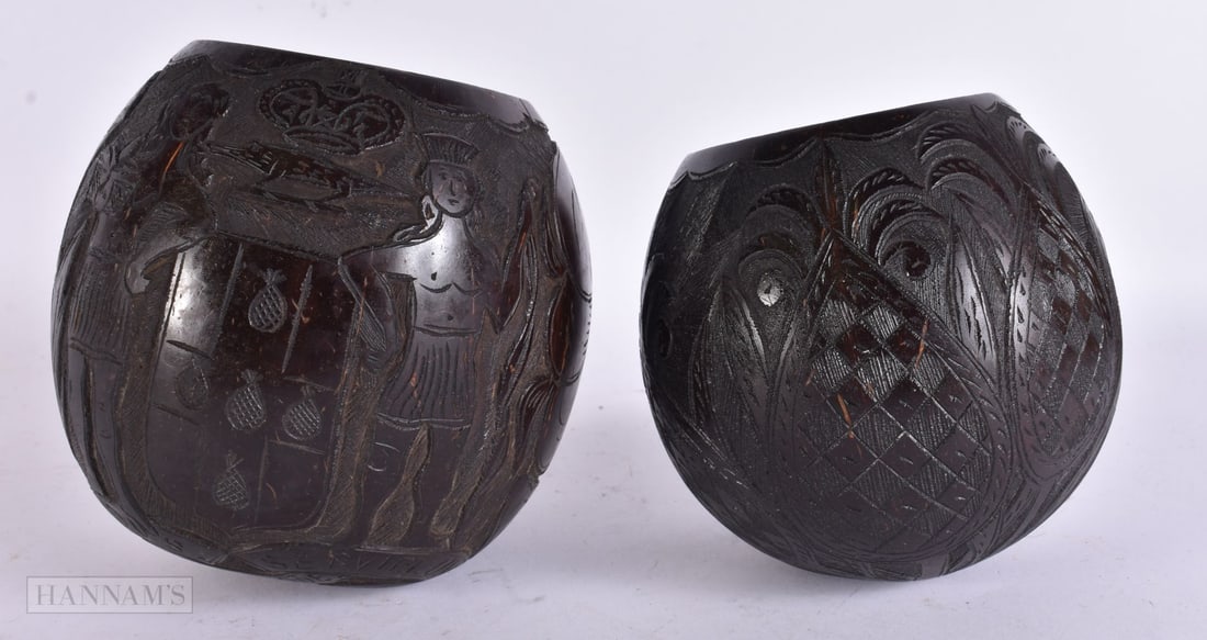 AN UNUSUAL NEAR PAIR OF EARLY 19TH CENTURY ANGLO INDIAN CARIBBEAN COCONUTS. Largest 13 cm x 11 cm. (1 of 9)