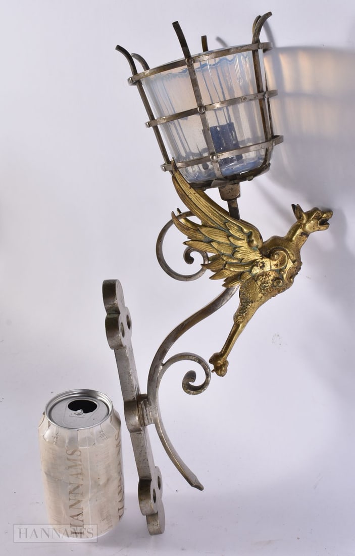 A LOVELY ARTS AND CRAFTS GOTHIC BRONZE GRIFFIN WALL LANTERN. 36 cm x 16 cm. (1 of 5)