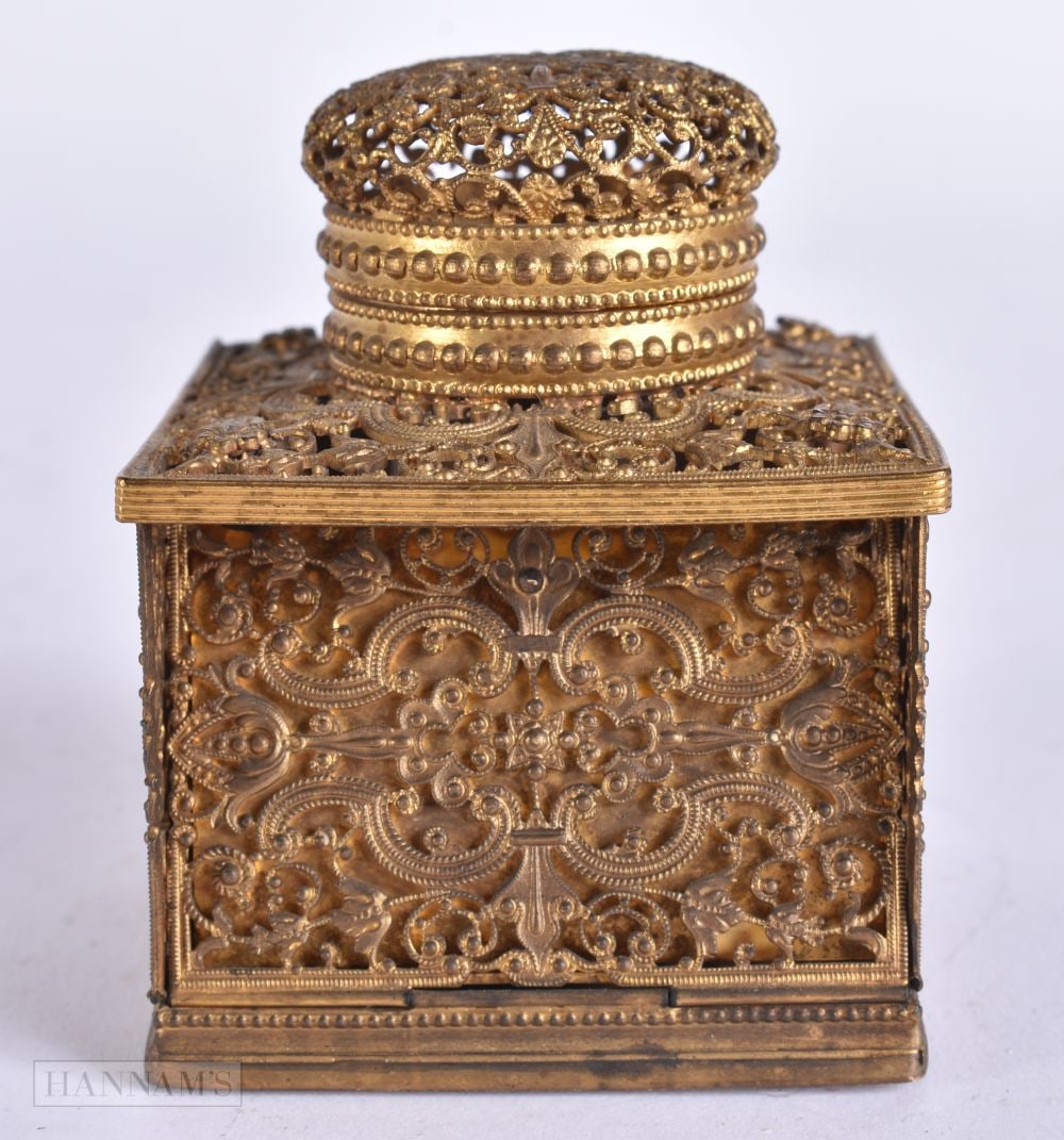 AN ANTIQUE FILIGREE INKWELL. 8 cm x 5 cm. (1 of 5)