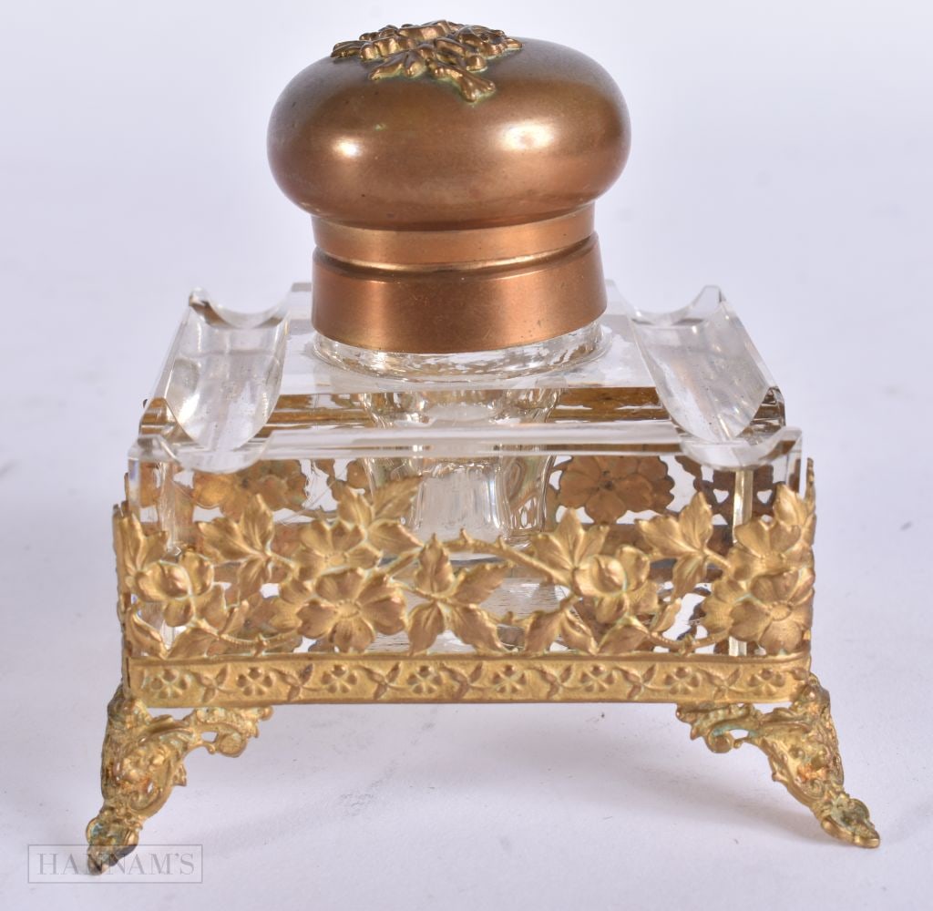 A LATE 19TH CENTURY FRENCH GILT METAL GLASS INKWELL. 6 cm wide. (1 of 5)