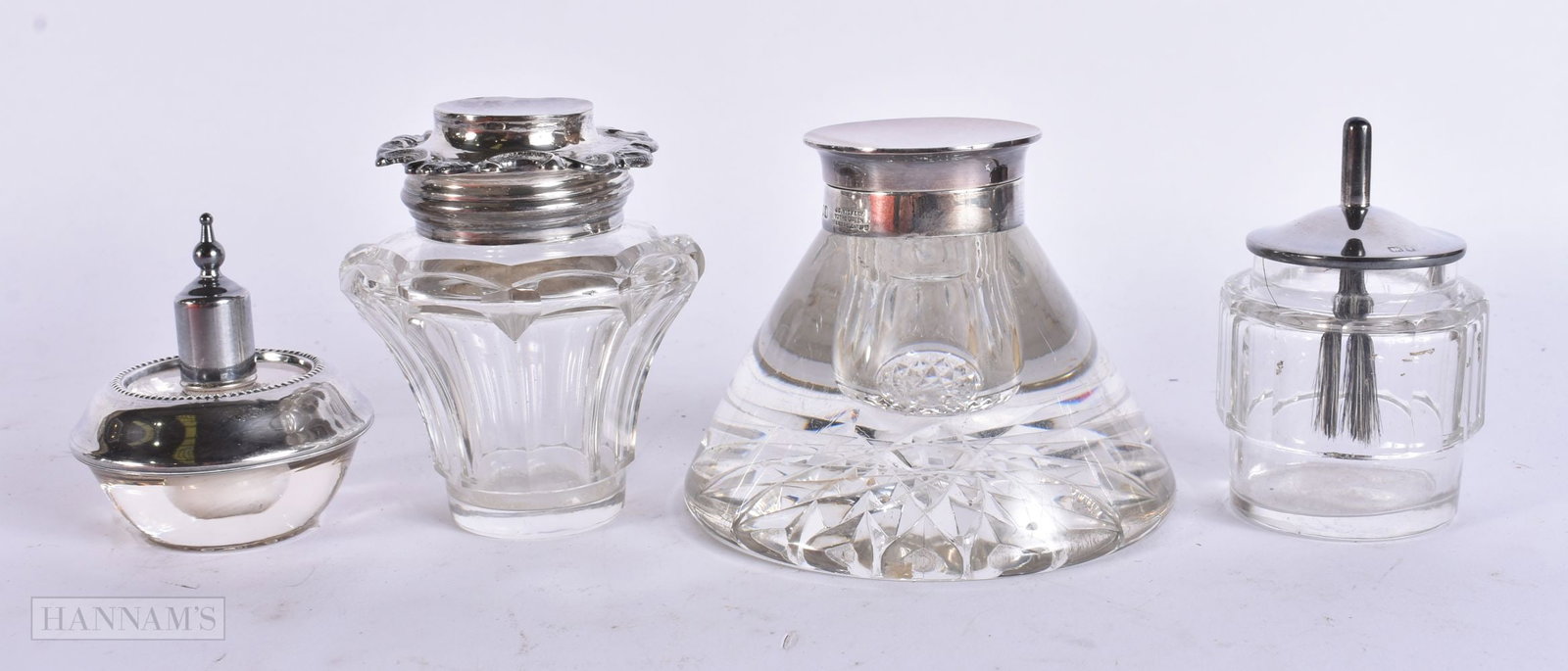 FOUR ANTIQUE SILVER MOUNTED GLASS DESK OBJECTS including inkwells. Largest 9.5 cm wide. (4) (1 of 7)