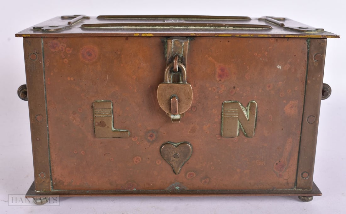 A CHARMING LATE VICTORIAN BRONZE ARMORIAL MARRIAGE CASKET. 18 cm x 12 cm. (1 of 5)