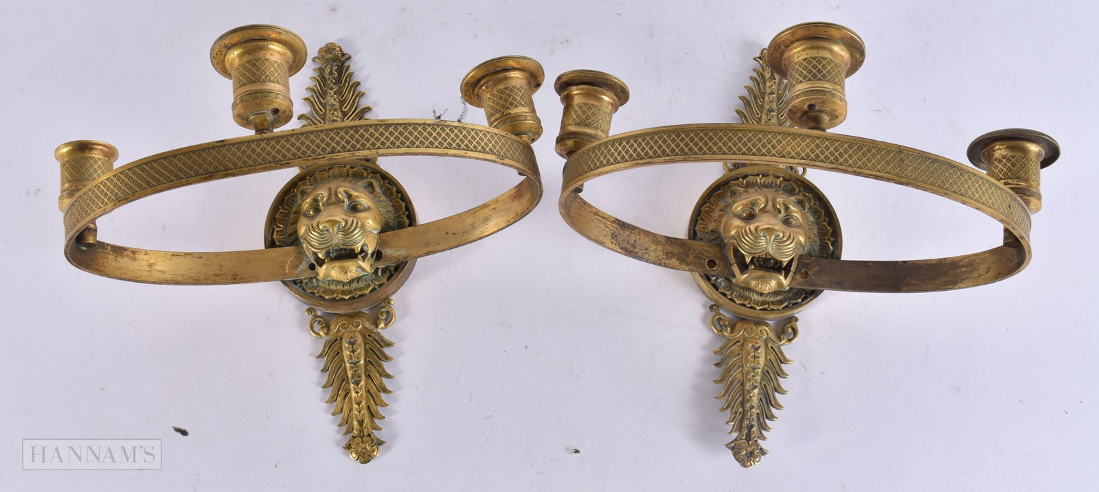 A FINE PAIR OF MID 19TH CENTURY FRENCH GILT BRONZE WALL SCONCES formed with lion mask heads. 27 cm x (1 of 5)