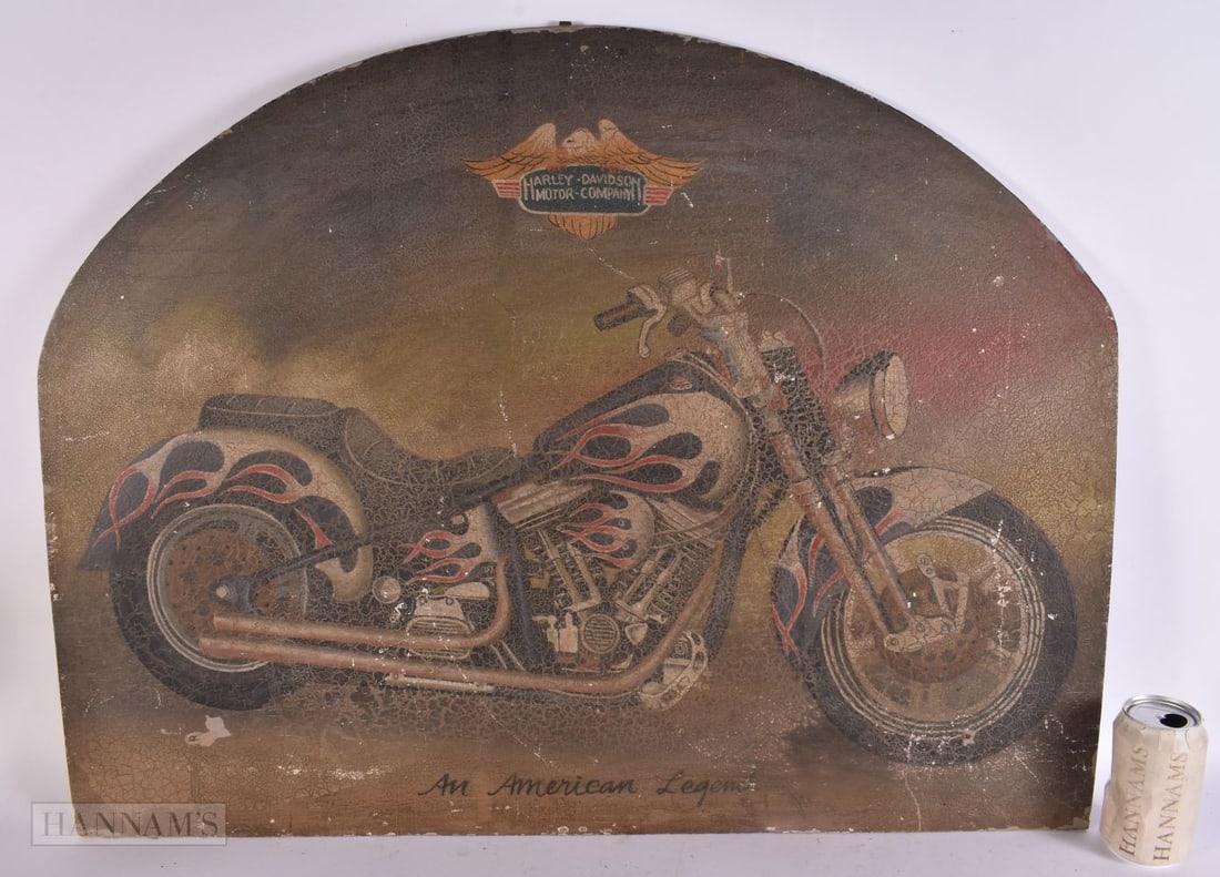 A CHARMING FOLK ART PAINTED WOOD HARLEY DAVIDSON MOTOR COMPANY. 80 cm x 58 cm. (1 of 5)