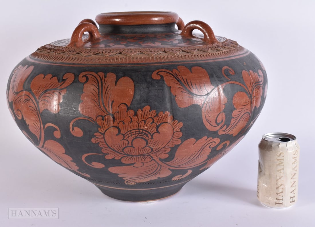 AN UNUSUAL AND LARGE POTTERY REDWARE FOUR HANDLED VESSEL. 33 cm x 36 cm. (1 of 7)