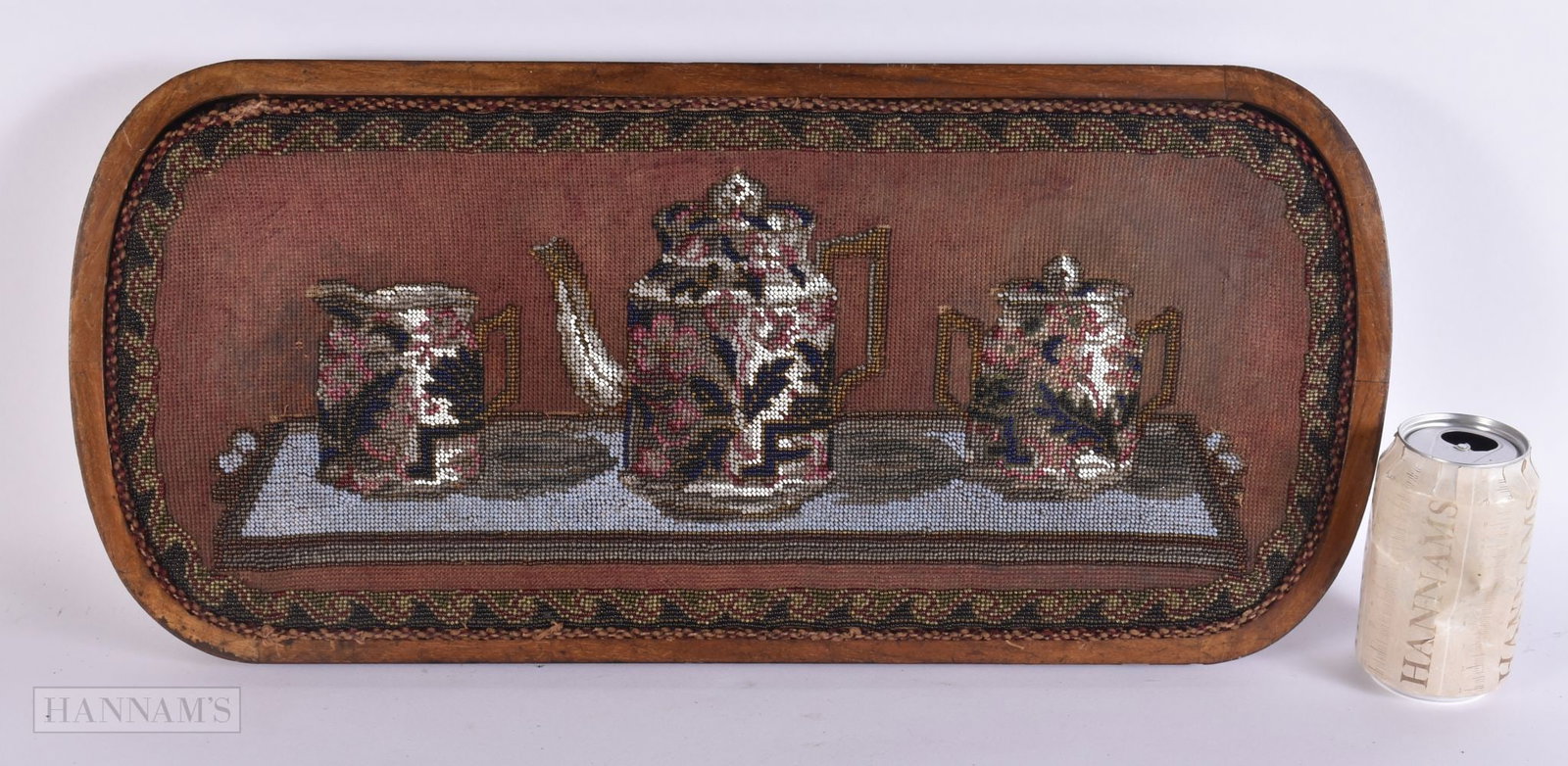 A CHARMING VICTORIAN BEADWORK TEAPOT STAND. 56 cm x 26 cm. (1 of 5)