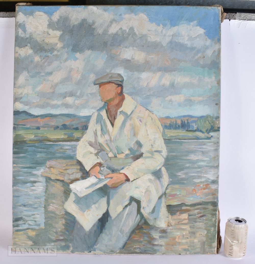 British School (Early 20th Century) Oil on canvas, Faceless man by the lake. 76 cm x 58 cm. (1 of 6)