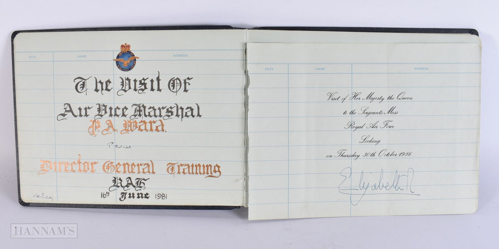 AN INTERESTING ROYAL RELATED SIGNED VISITORS BOOK including Queen Elizabeth, Air Marshall David Clar (1 of 7)