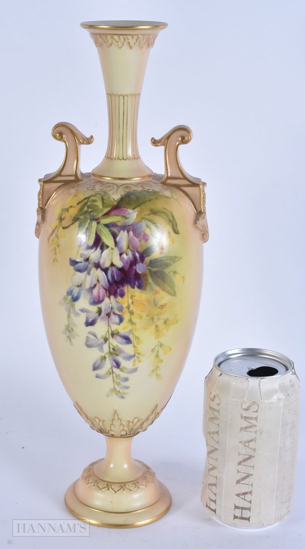 A LARGE ROYAL WORCESTER BLUSH IVORY VASE. 34 cm high. (1 of 5)
