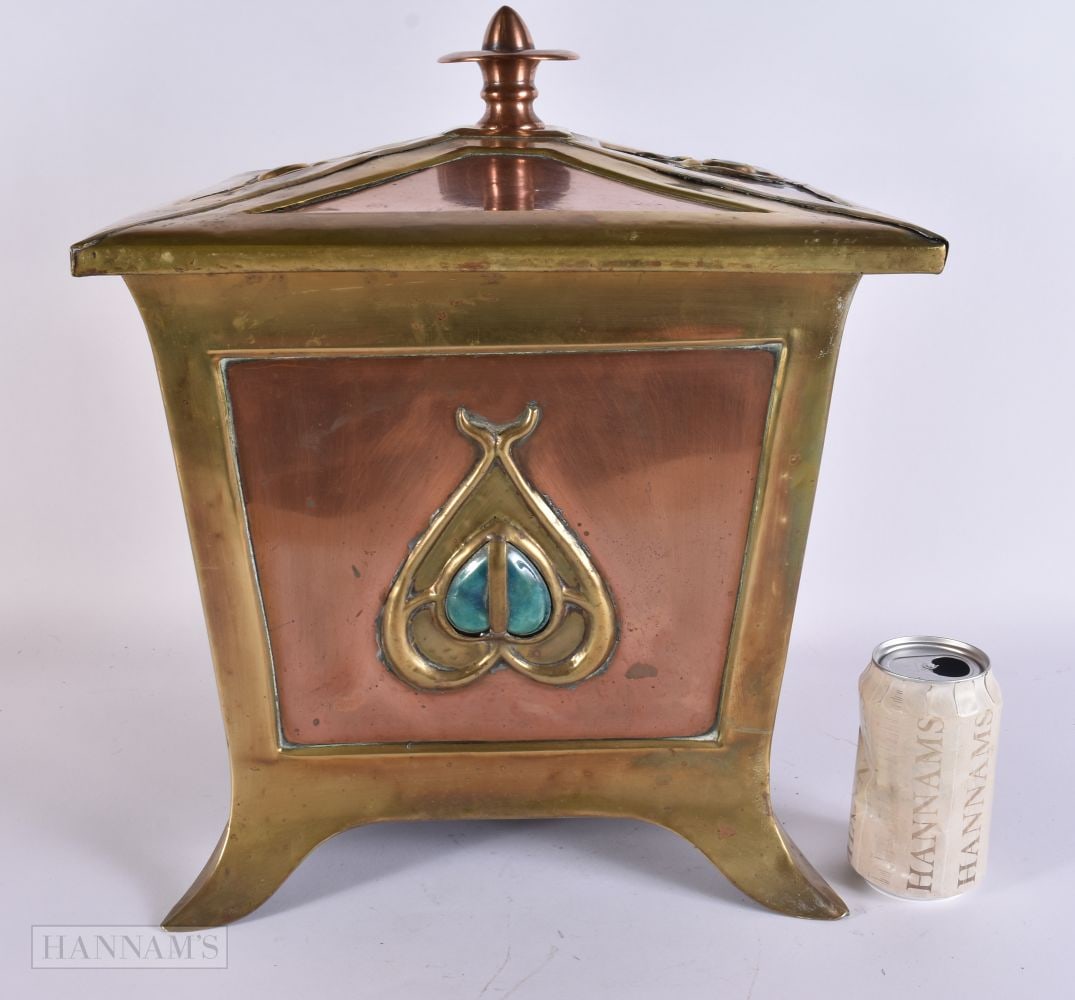 AN ARTS AND CRAFTS COPPER RUSKIN CABOCHON COAL BIN. 35 cm x 35 cm. (1 of 7)