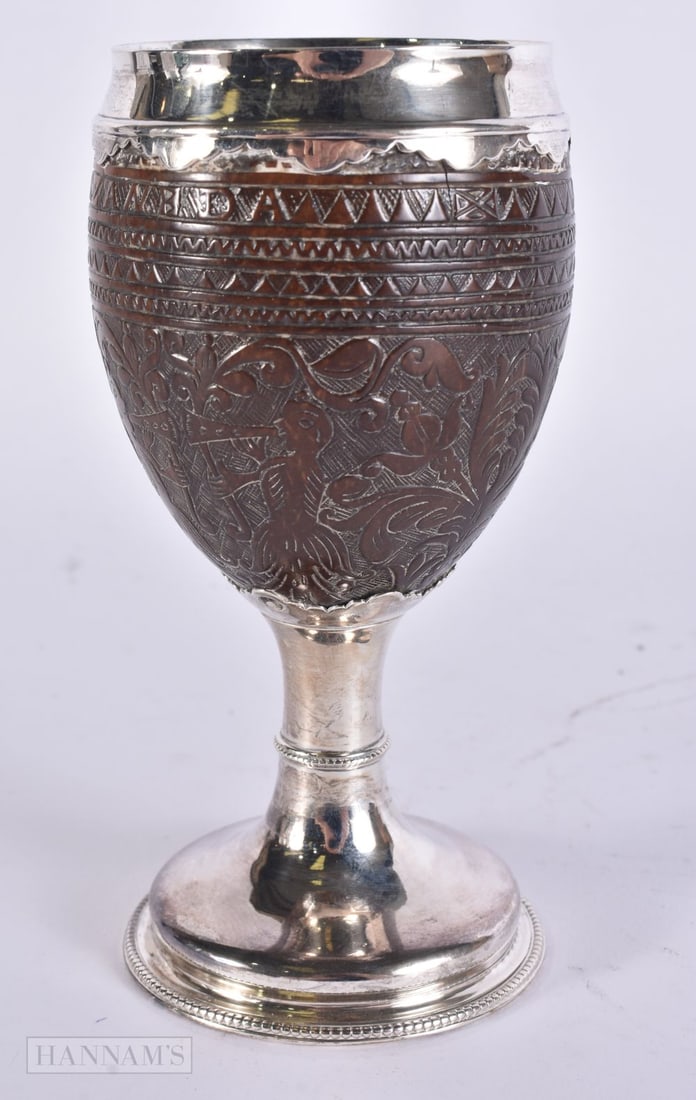 AN 18TH CENTURY SILVER MOUNTED COLONIAL COCONUT CUP by John Priest. 15.5 cm high. (1 of 7)