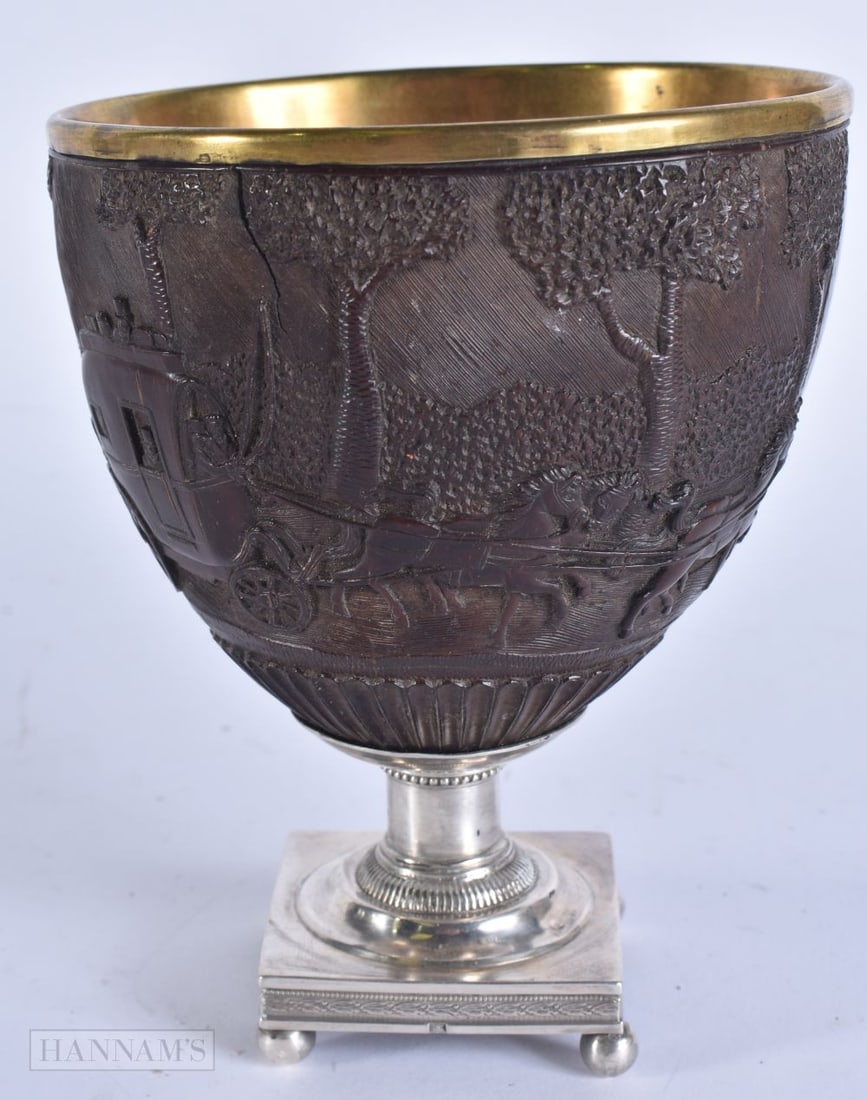 AN 18TH/19TH CENTURY SILVER MOUNTED 'HORSE AND COACHES' CUP upon a square pedestal base. 13 cm x 10 (1 of 7)