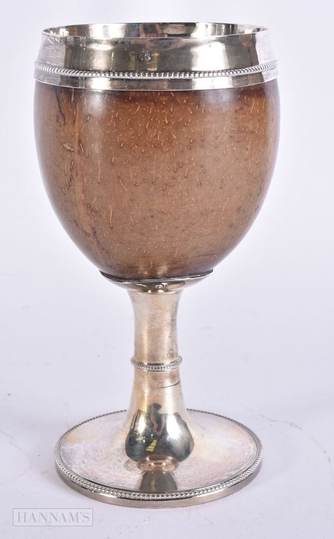 AN 18TH CENTURY SILVER MOUNTED COCONUT CUP by Thomas Phipps & Edward Robinson. 17 cm high. (1 of 7)
