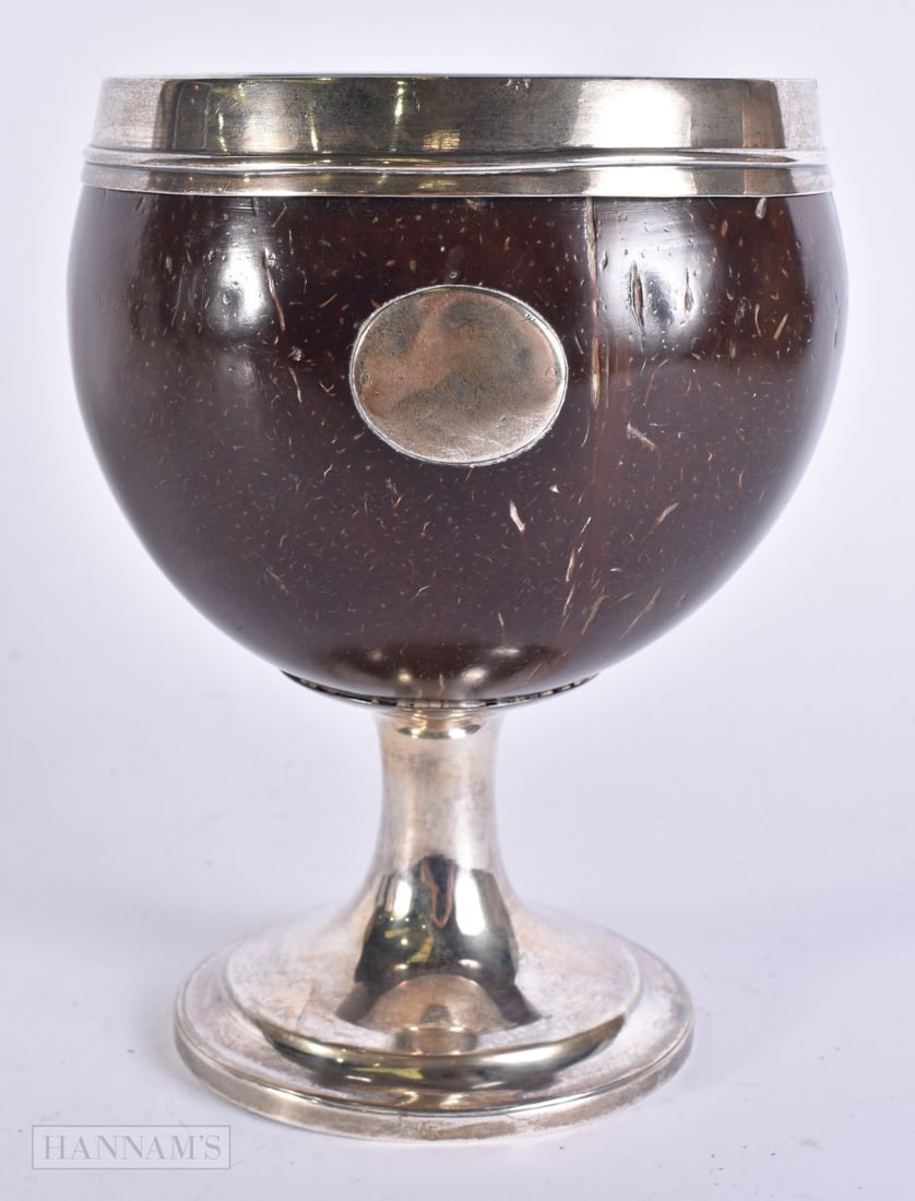 AN 18TH CENTURY SILVER MOUNTED COCONUT CUP by Rebecca Emes & Edward Barnard I. 16 cm high. (1 of 7)