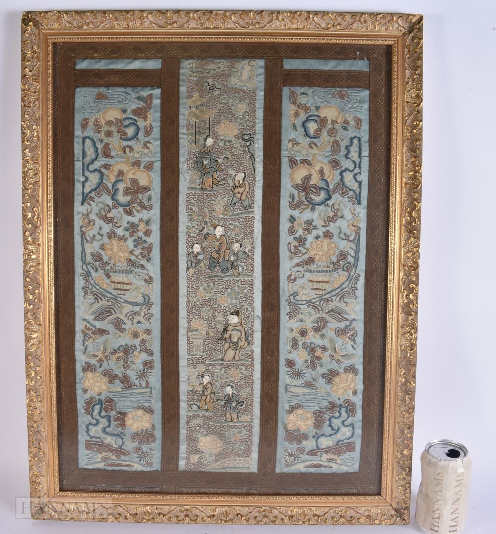 A FRAMED LATE 19TH CENTURY CHINESE SILK EMBROIDERED TRIPLE SLEEVE. 68 cm x 50 cm.: A FRAMED LATE 19TH CENTURY CHINESE SILK EMBROIDERED TRIPLE SLEEVE. 68 cm x 50 cm.