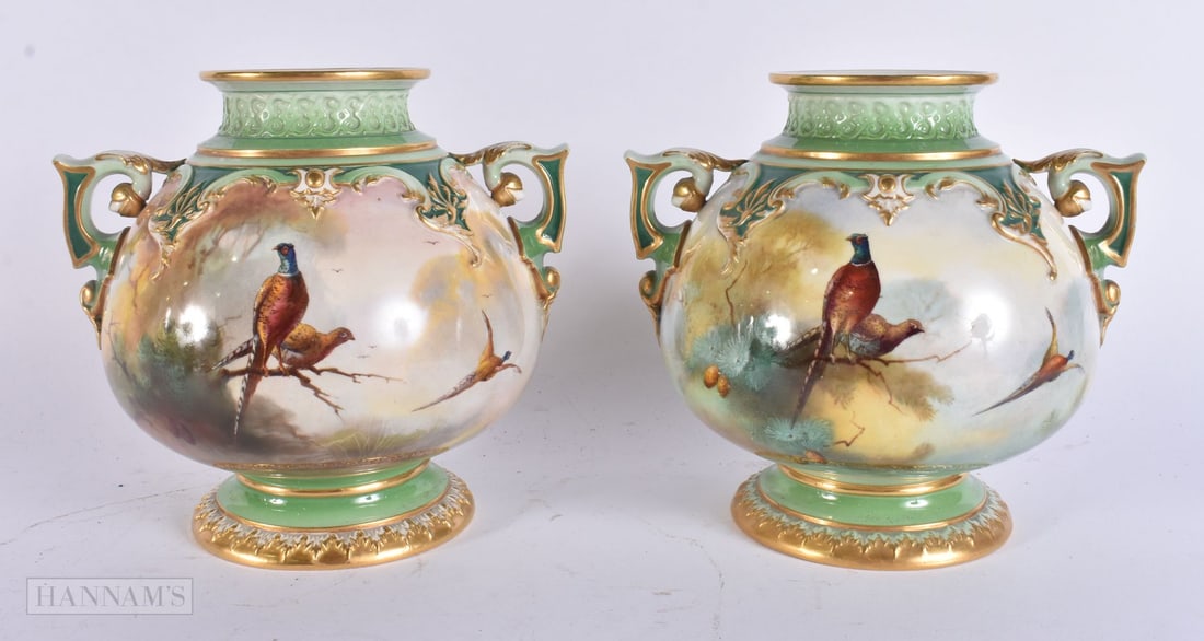 A PAIR OF ROYAL WORCESTER HADLEY WARE VASES by A Shuck & J W Sedgley. 16 cm x 14 cm. (1 of 7)