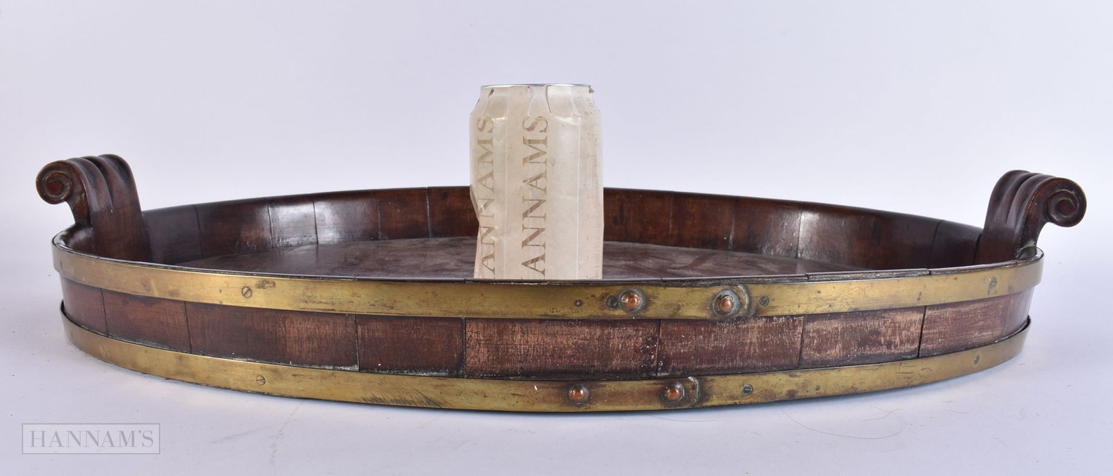 A GEORGE III BRASS BOUND SERVING TRAY. 55 cm wide. (1 of 4)