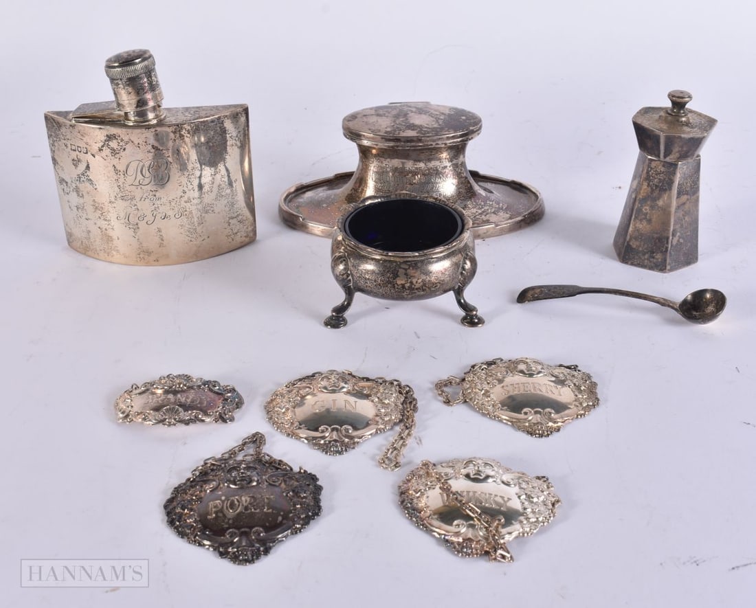 ASSORTED SILVERWARE. Weighable silver 310 grams, inkwell and condiment 619 grams overall. (qty) (1 of 11)