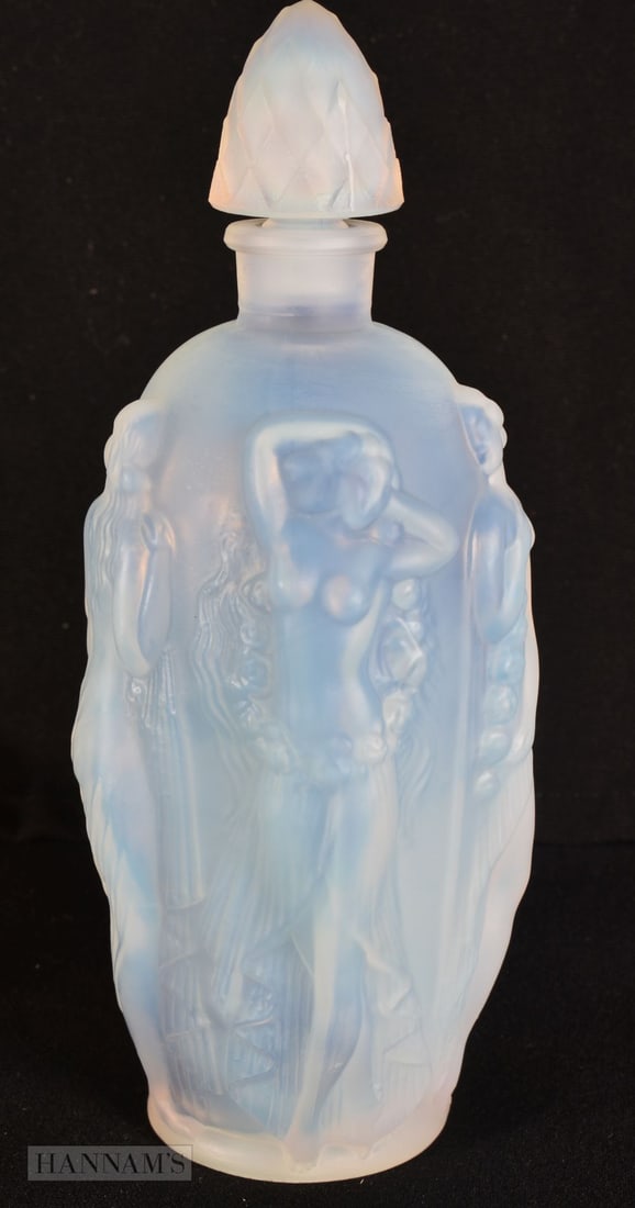 AN ART DECO SABINO GLASS MAIDEN SCENT BOTTLE AND STOPPER. 15.5 cm high. (1 of 4)
